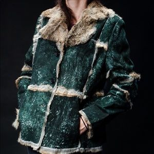 Cabo Short Real Rabbit Fur & Speckled Deep Forest Green Real Leather Coat
